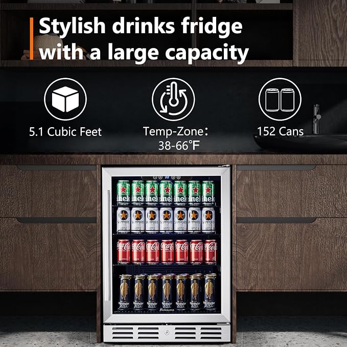 24 Inch Under Counter Beverage Fridge -Max 164Cans Capacity Drink cooler | Wide 24'' Perfectly for Built in Space, Adjustable shelves for any size beverage/beer/soda Transparent door Refrigerator