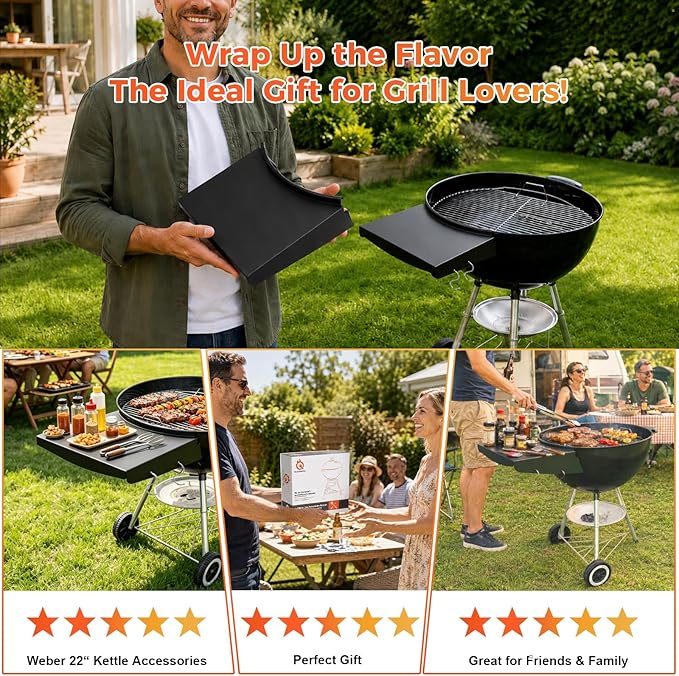 Upgraded Grill Table Shelf for Kettle Grills 22 Inch, Side Table Shelf Replaces Weber Master Touch & Original Charcoal Grill, Grill Accessories for Weber Kettle, Outdoor Steel BBQ Table Shelf