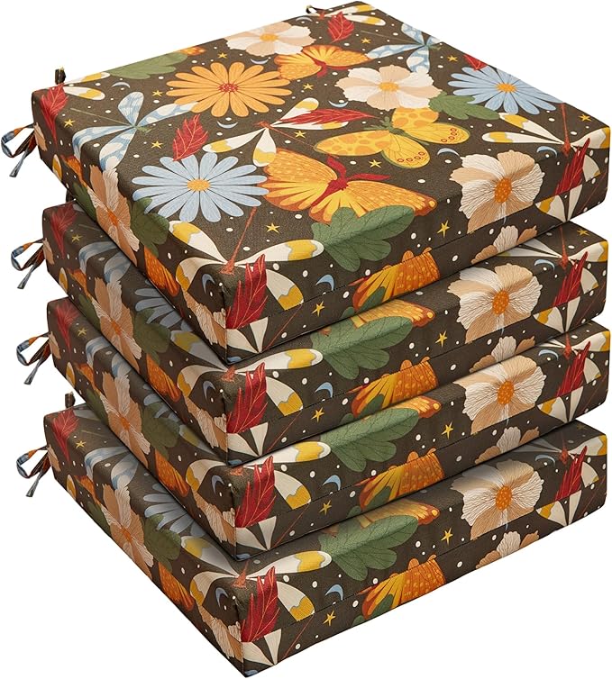 Outdoor Chair Cushions, Set of 4, 24"*24"*4", Water Resistant, Flower | High-Density Foam Patio Cushions with Ties, UV & Fade Resistant, Square Corner Seat Cushions for Outdoor Furniture
