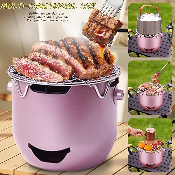 Portable Charcoal Grills, Mini Charcoal BBQ Grill Stainless Steel, Small Outdoor Cooking Grill for Camping, Grilling Backyard, RV, Picnic (Purple)