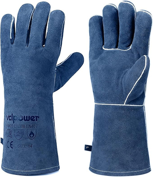 vclpower Welding Gloves Fire Heat Resistant Fireproof Leather for Welding Fire Pit Wood Stove Campfire Furnace BBQ Baking,Grill Oven Stick Mig Tig Gear L
