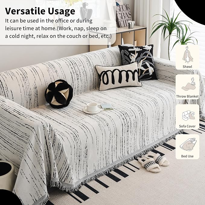 WEYOND Chenille Couch Cover Tassels, Sofa Cover Washable, 71" x 118", White | Pet Friendly Sofa Slipcover for Sectional Sofa, Loveseat, 2 or 3 Cushion Couch, Corner Sofa, Futon Cover