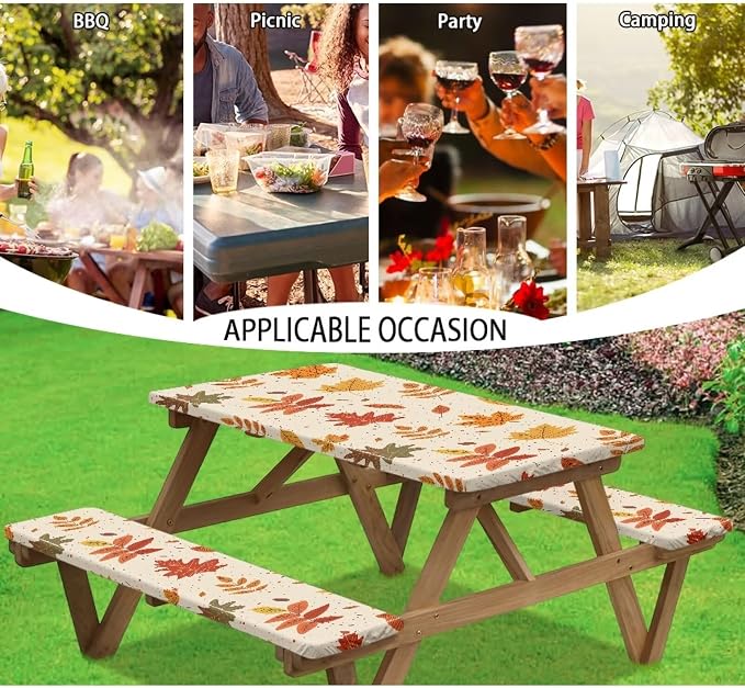 Picnic Table Cover for Outdoor Camping Maple Leaf Print Elastic Fitted Table Cloth for Camping Party Supplies 3 PCS Set