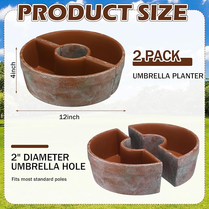 1 Set Patio Umbrella Planter Rustic 2 Pcs Half Round Planter 12" Cement Planters Half Circle Flower Pot for Patio Table Garden Home Plant Outdoor(Brown,Country Style)