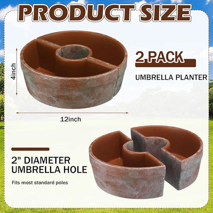 1 Set Patio Umbrella Planter Rustic 2 Pcs Half Round Planter 12" Cement Planters Half Circle Flower Pot for Patio Table Garden Home Plant Outdoor(Brown,Country Style)