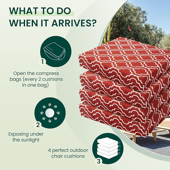 HARBOREST Outdoor Chair Cushions Set of 4, Water Resistant Patio Chair Cushions with Ties, Square Corner Outdoor Seat Cushions for Patio Furniture, 18.5"x16"x3", Wine Red Geometry