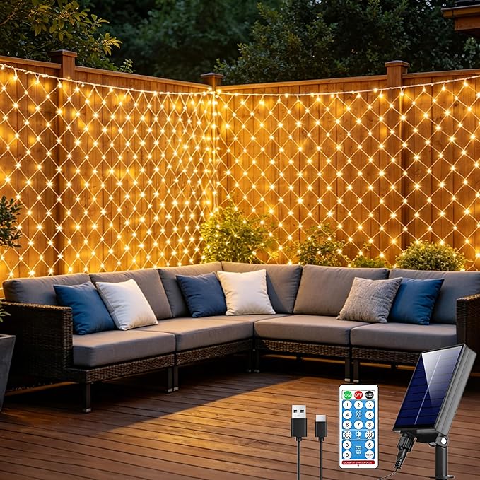 Pooqla Solar Net Lights, 21x5ft 360LED Christmas Net Lights Outdoor with 8 Modes, Solar & USB Powered Waterproof Green Wire Net Mesh String Lights for Bush Backyard Patio Decor, Warm White