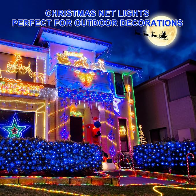JMEXSUSS 360 LED Christmas Net Lights, Blue, 12ft x 5ft | Outdoor Waterproof, Connectable, Plug in, Mesh Lights with Remote for Bushes Shrubs Christmas Decorations