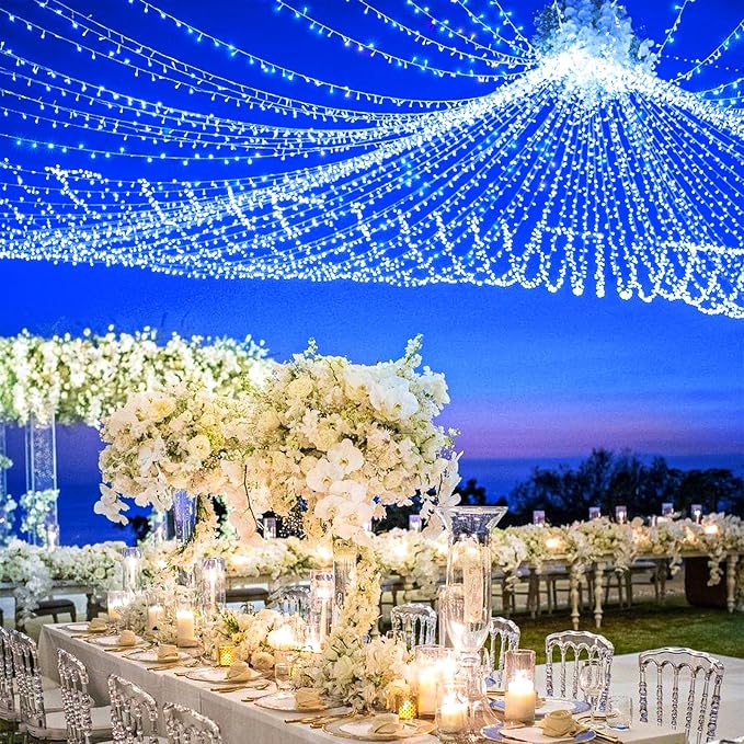 82FT 250 LED Outdoor String Lights, Blue Christmas Lights Indoor | Plug in Waterproof 8 Modes Clear Wire String Twinkle Lights for Bedroom Outside Patio Yard Xmas Party Holiday Decorations