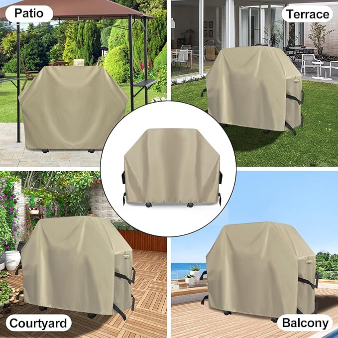 OutdoorLines Waterproof Heavy Duty BBQ Grill Cover - Universal Barbecue Grill Covers UV Resistant Barbeque Gas Grill Cover for Outdoor Outside Grill, 64L x 24W x 44H Inch, Camel