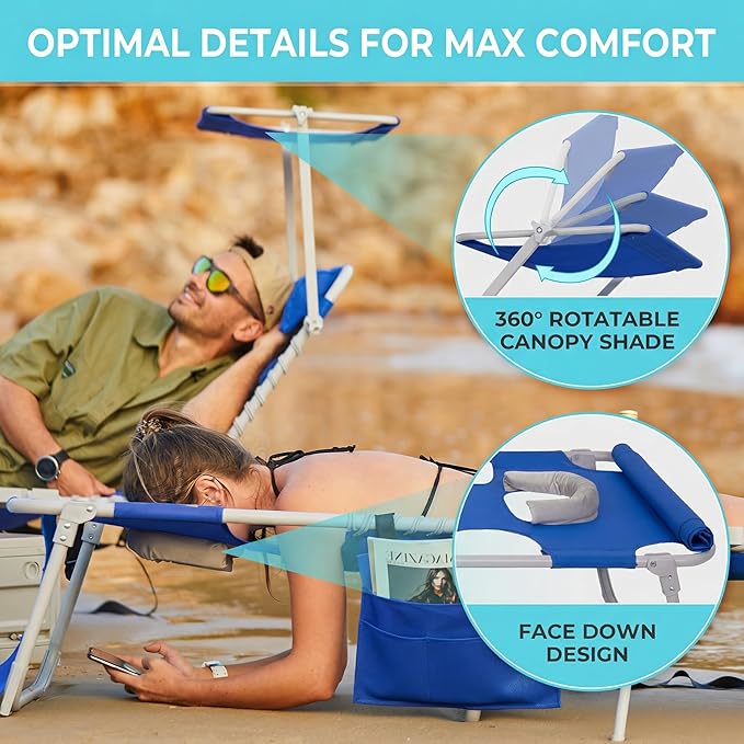 #WEJOY Tanning Chair with Face Hole & Canopy & Side Table, 5 Positions Adjustable Sunbathing Lounge Chair Facedown Chaise Lounge with Pillow Quick Dry for Beach Pool Outdoor Camping Patio,Darkblue