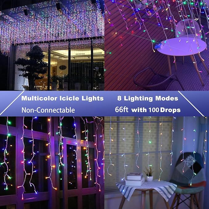 Joomer 66FT Christmas Icicle Lights Outdoor Non-Connectable Multicolor | 100 Drops 8 Modes Timer Waterproof Plug-in String Light for Christmas Party, holiday Eaves Roof Xmas Decorations