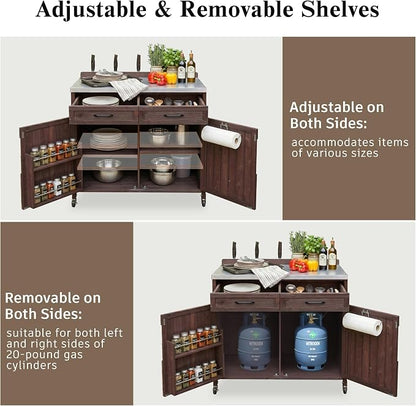 Merax Farmhouse 39.4" Grill Cart with Drawer, Storage Cabinet and Stainless Steel Top, Outdoor Grill Station w/Internal Racks & Lockable Wheels, Modular Kitchen Island for Food Prep & BBQ, Dark Brown