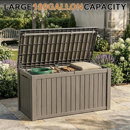 190 Gallon Large Outdoor Storage Box Waterproof, UV Resistant Resin Deck Box with Hydraulic Rod & Lockable Latch for Patio Furniture, Outside Storage Box for Garden Tools, Patio Cushions, Gray