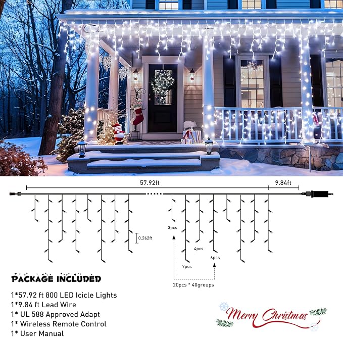 JMEXSUSS Christmas Icicle Lights for Outside, 800 LED White | Icicle Lights Plug in Outdoor Waterproof, Christmas String Lights for House Wedding Party Christmas Decorations