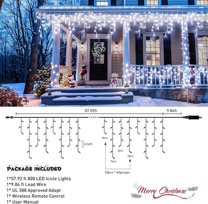 JMEXSUSS Christmas Icicle Lights for Outside, 800 LED White | Icicle Lights Plug in Outdoor Waterproof, Christmas String Lights for House Wedding Party Christmas Decorations