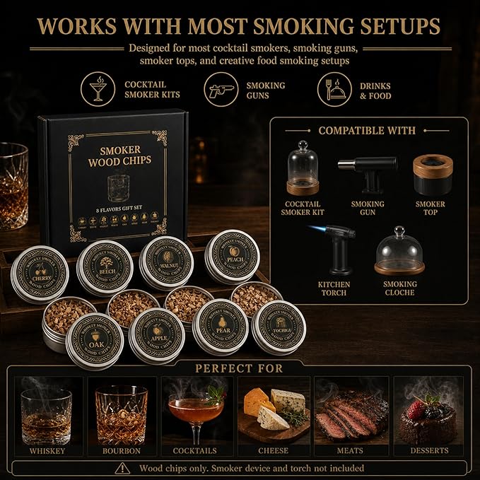 Cocktail & Whiskey Smoker Wood Chips, 8 Flavor Wood Chips Refill Set in Aluminum Tins for Cocktail Smoker Kit, Smoking Gun, Old Fashioned, Bourbon, Drinks, Cheese, Meat & Home Bar, Gift for Men