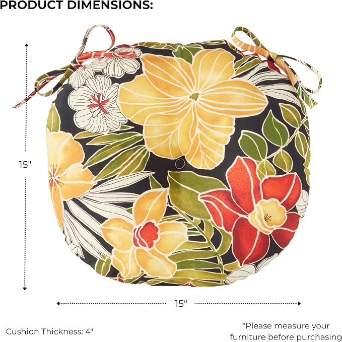 15 x 15 Round Bistro Chair Cushion, Reversible Patio Seat Cushion with Attached Ties, Polyester Fabric, Recycled Polyfiber Fill, Set of 2 - Aloha Black