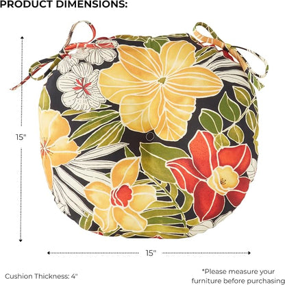 15 x 15 Round Bistro Chair Cushion, Reversible Patio Seat Cushion with Attached Ties, Polyester Fabric, Recycled Polyfiber Fill, Set of 2 - Aloha Black