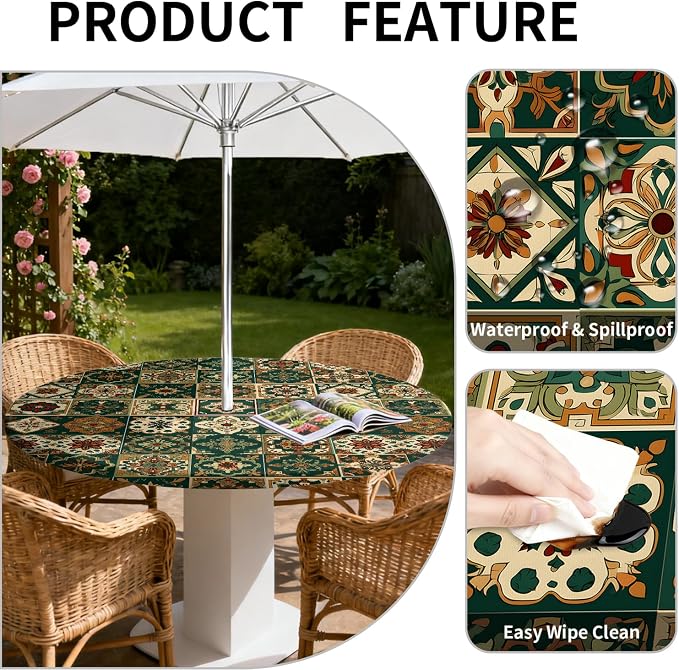 Outdoor Tablecloth with Umbrella Hole and Zipper Fits 37-44" Tables | Waterproof Round Fitted Tablecloth with Elastic Edge, Wipeable Outdoor Table Cover for Patio, Garden, Picnic