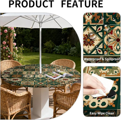 Outdoor Tablecloth with Umbrella Hole and Zipper Fits 37-44" Tables | Waterproof Round Fitted Tablecloth with Elastic Edge, Wipeable Outdoor Table Cover for Patio, Garden, Picnic