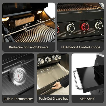 Casaphoria 84" Outdoor Kitchen Grill Island with Refrigerator and Sink, Professional Stainless Steel BBQ with 6-Burner 75300 BTU Propane & Natural Gas, Granite Countertop, Rapid Setup, Black