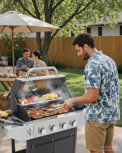 EUHOME 4-Burner Propane Gas BBQ Grill with Side Burner, 46,500 BTU Stainless Steel Outdoor BBQ with Enameled Cast Iron Grates & Foldable Side Tables for Patio, Backyard, and Outdoor Cooking