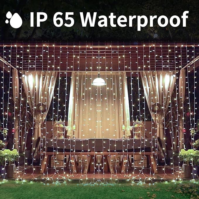300LED Solar Curtain Lights USB & Solar Dual Powered 8 Modes Waterproof String Lights for Home Indoor Outdoor Use Garden Patio Decoration (Cold White)