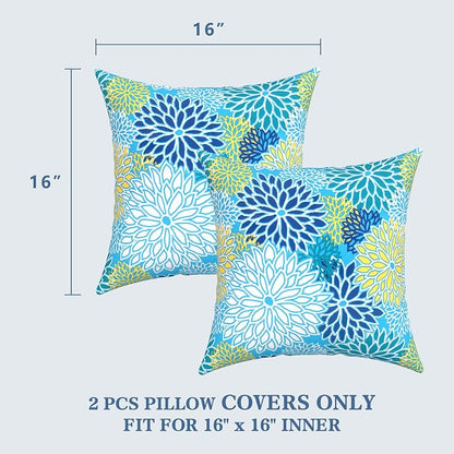 LVTXIII 2 Pack Outdoor Throw Pillow Covers for Patio Furniture, 16x16 Inch Square Pillow Case, Water-Repellent Cushion Covers for Garden, Porch, Sofa, Dahlia Blue