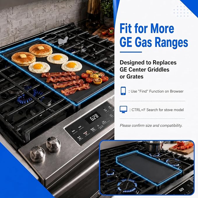 Upgraded WB31X24738 Cast Iron Griddle Replacement for GE Stove Cooktop | Fit for GE Gas Range; Replaces WB31X49806 and WB31X24998 Center Griddle Plate; Nitrided Nonstick Flat Top Pan, 19.5 x 9 in