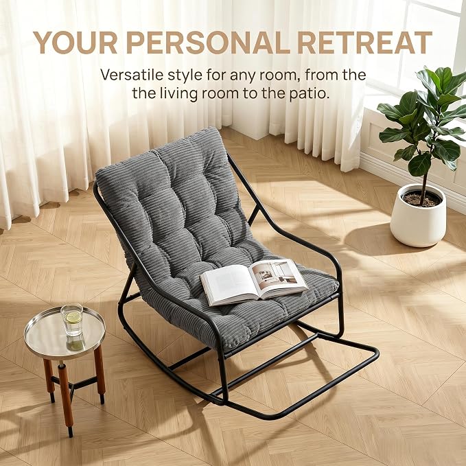 Outdoor Rocking Chairs, Metal Frame Outdoor Rocker with Footrest, Comfy Oversized Patio Chair with Thick Cushion, Reading Glider Lounge Chair for Living Room, Bedroom, Garden, Relax, Gray