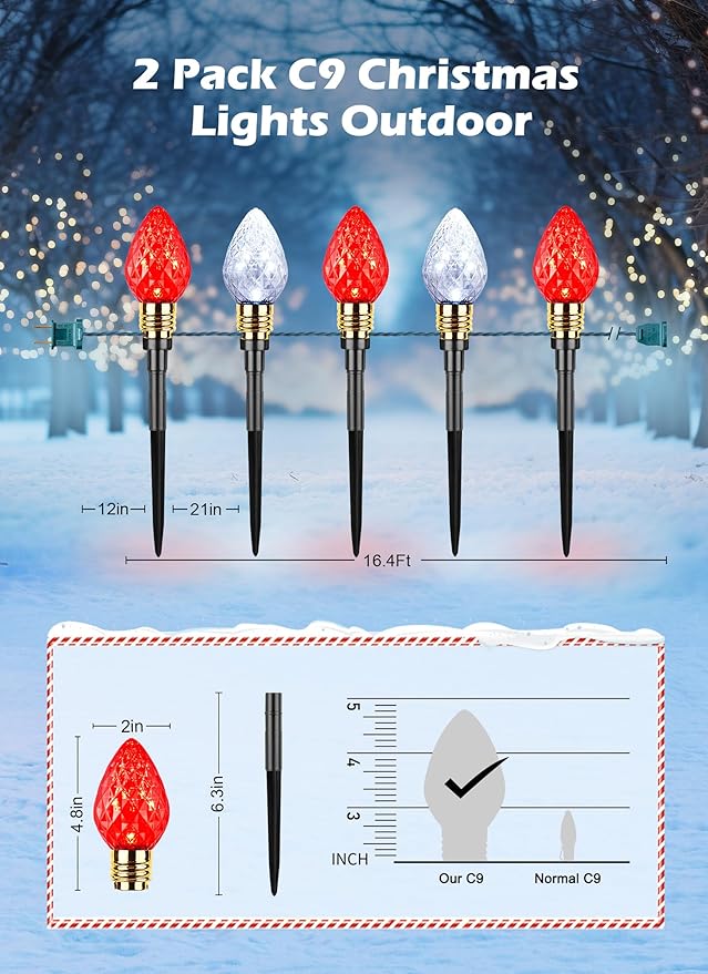 Brightown 2 Pack Strawberry C9 Christmas Pathway Lights Outdoor - Total 34.8 Feet 20 LED Christmas Walkway Light, Christma Light Outdoor Decorations for Yard Lawn Holiday Outside, Red & Pure White