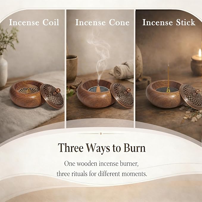 Acacia Wood Incense Burner for Cones & Coils, with Sticks Holder | 3-in-1 Wooden Meditation Accessory, Zen Yoga Home Decor for Living Room, Bedroom and Spa