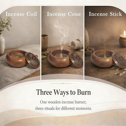 Acacia Wood Incense Burner for Cones & Coils, with Sticks Holder | 3-in-1 Wooden Meditation Accessory, Zen Yoga Home Decor for Living Room, Bedroom and Spa