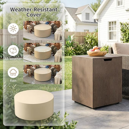 2-Piece Outdoor Propane Fire Pit Table Set w Tank Table 30'' Round Fire Pit Table w Wood Grain Firepit Table for Outside Patio Gas Fire Pit w 304 Stainless Steel Burner 50,000 BTU, Brown w Warm LED