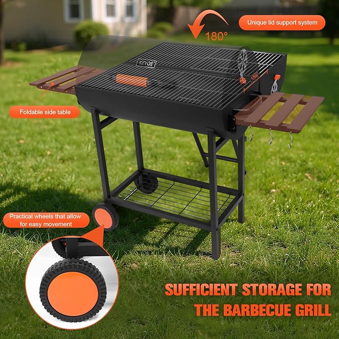 Generic Barrel Barbecue Charcoal Grill 871 Square Inches Cooking Area Outdoor BBQ Grill with 2 Foldable Side Tables Charcoal Barrel Grills for Patio Backyard Camping Picnics Tailgating Parties