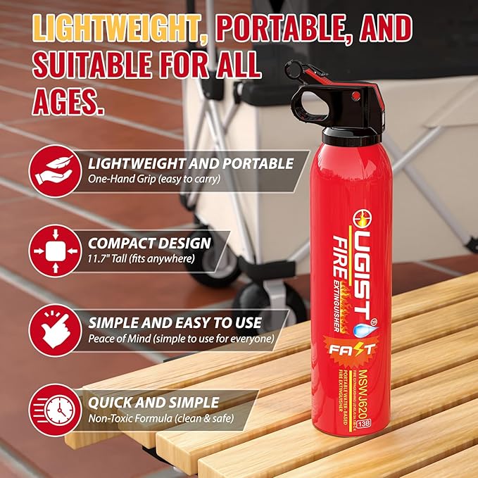 Ougist Small Portable Fire Extinguisher for Home and Kitchen, 21oz Each, 6-Pack, Water-Based Fire Extinguishers for Quick Emergency Response, Prevent Re-Ignition, Ideal for Vehicle and Camping, MSJ620