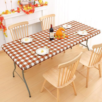 Smiry Rectangle Picnic Table Cloth, Elastic Waterproof Fitted Vinyl Tablecloths, Flannel Backed Buffalo Plaid Table Covers for Dining, Camping, Outdoor, Thanksgiving (White and Rust, 30" x 48")
