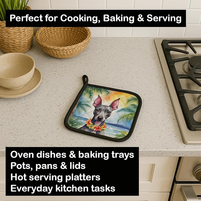Caroline's Treasures American Hairless Terrier Luau Pair of Pot Holders Kitchen Heat Resistant Pot Holders Sets Oven Hot Pads for Cooking Baking BBQ, 7 1/2 x 7 1/2