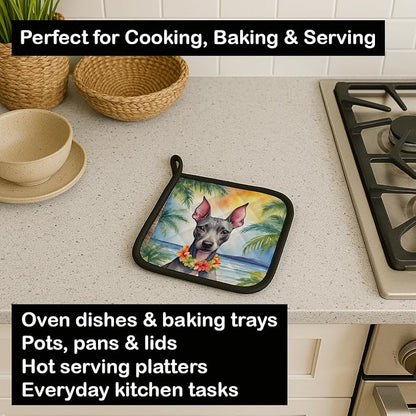 Caroline's Treasures American Hairless Terrier Luau Pair of Pot Holders Kitchen Heat Resistant Pot Holders Sets Oven Hot Pads for Cooking Baking BBQ, 7 1/2 x 7 1/2