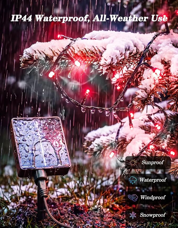 LitHome 2 Pack Solar String Lights Outdoor with Remote, Total 200LED 66FT | Solar Christmas Lights Outside Waterproof, 8 Modes String Light for Xmas Patio Garden Party Yard Tree Decor, Red