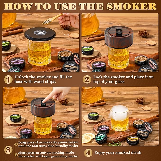 Electric Whiskey Smoker Kit with Charred Wooden Case(Patent Pending), Rechargeable Cocktail Smoker Kit with 8 Flavors Wood Chips, Old Fashioned Smoker, Bourbon Gifts for Men, Dad (No Butane Needed)