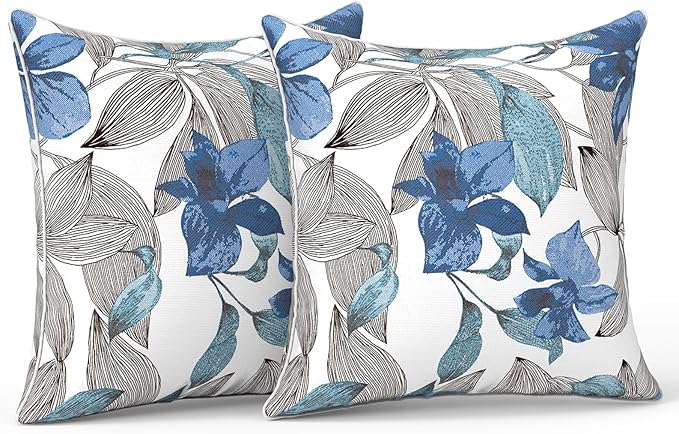 LVTXIII Outdoor/Indoor Throw Pillows, Decorative Patio Accent Pillows, Fluffy Water Repellent Garden Cushions for Home Patio Coach Sofa Use, 18×18 Inch, Pack of 2, Clemens Noir Blue