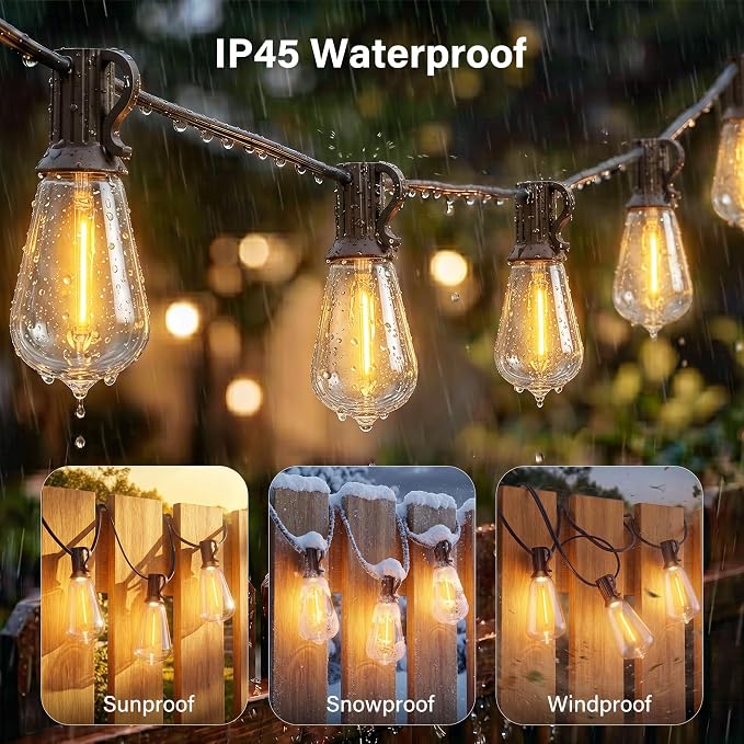 Ollny Outdoor String Lights 66FT, Shatterproof Connectable Patio Lights with 25 ST38 Edison LED Bulbs, 2200K Warm White Waterproof Outside Hanging Lights for Backyard, Gazebo, Porch, Balcony, Bistro