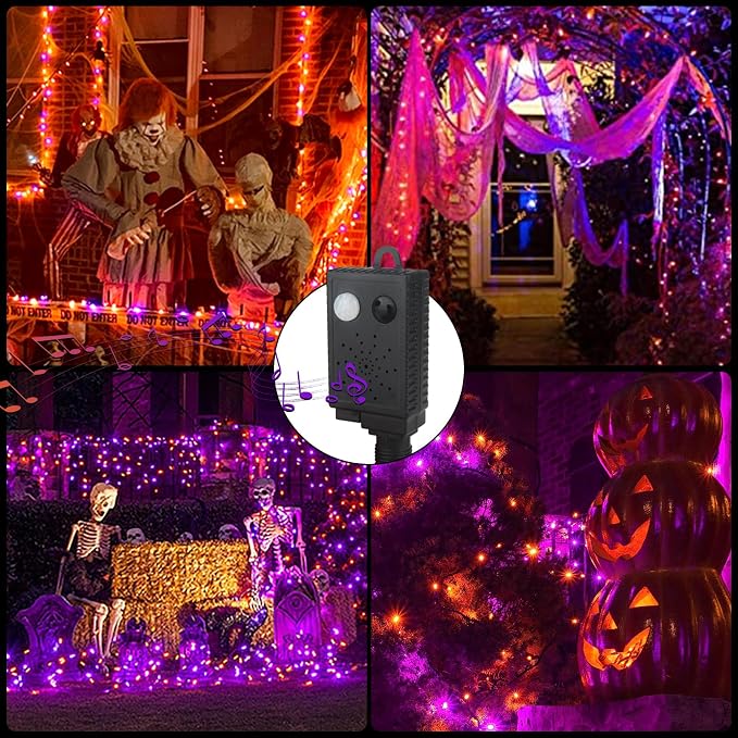 Halloween Lights, 105FT 300 LED Halloween String Lights | With Spooky Music Twinkle Waterproof Purple Orange Light Plug in for Indoor Outdoor Tree Party Yard Room Decor