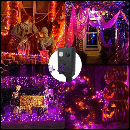 Halloween Lights, 105FT 300 LED Halloween String Lights | With Spooky Music Twinkle Waterproof Purple Orange Light Plug in for Indoor Outdoor Tree Party Yard Room Decor