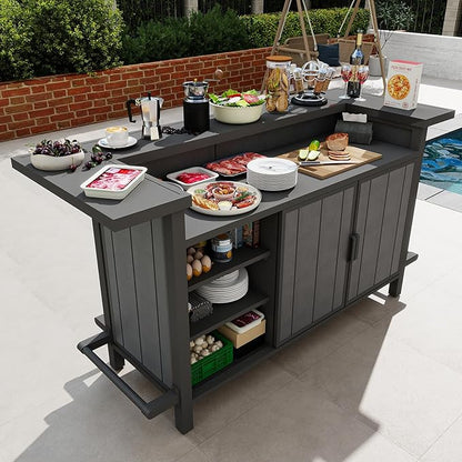 Domi Outdoor Bar Table, Home Bar Unit with Aluminum Frame, Patio Bar Table with Storage Cabinet & Footrest, Liquor Cabinet Bar for Patio Backyard Home Kitchen, Gray, 75.98" x 28.94"