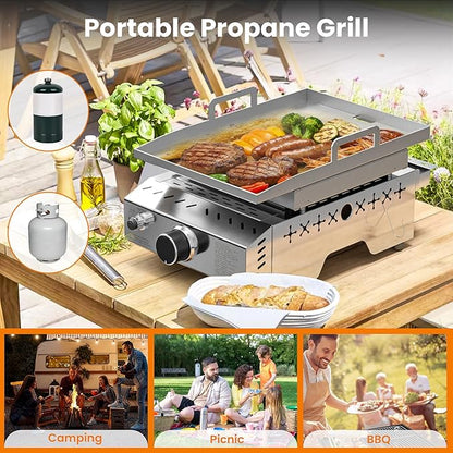WAA Portable Propane Griddle, 8000BTU Tabletop Portable Propane Gas Grill with One Burner, Stainless Steel Flat Top Grill, Outdoor Cooking for Tailgating,Camping, RVs, BBQ, Patio, Silver