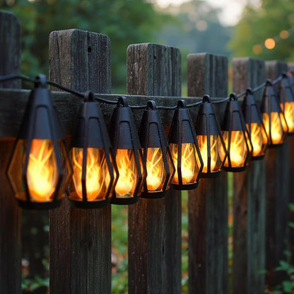 FoxFlame Solar String Lights Outdoor Waterproof, Patented Fire Effect 21 Ft | 10 Flickering LED Bulbs, Solar-Powered Solar Hanging Lights Outdoor for Patios, Porches, Fences and Gardens