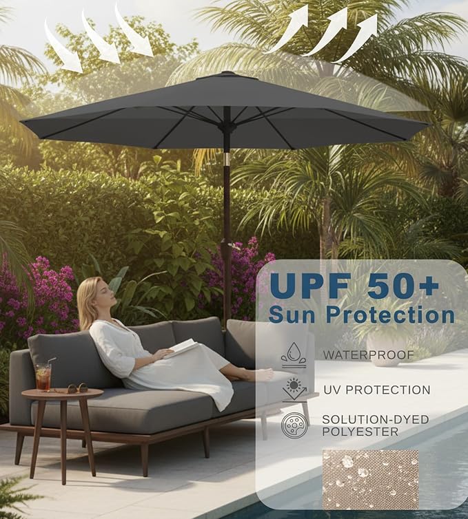 9FT Auto-Tilt Patio Umbrella|Outdoor Market Table Umbrella with 8 Fiberglass Ribs for Pool,Deck&Backyard